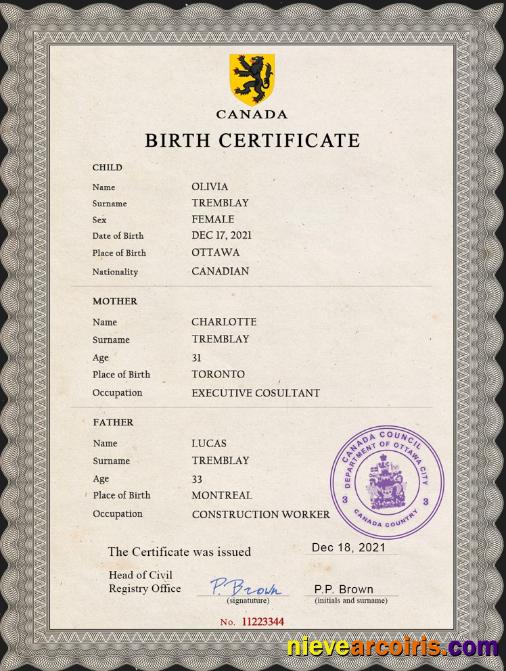 Canada vital record birth certificate